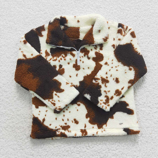 BT0355 Cow Print Zipper Fleece Jacket Long Sleeve Top