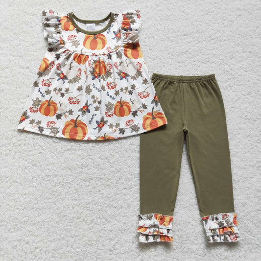 GSPO0837 Pumpkin leaf white and green short-sleeved trousers suit