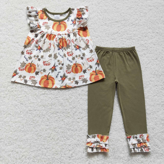 GSPO0837 Pumpkin leaf white and green short-sleeved trousers suit