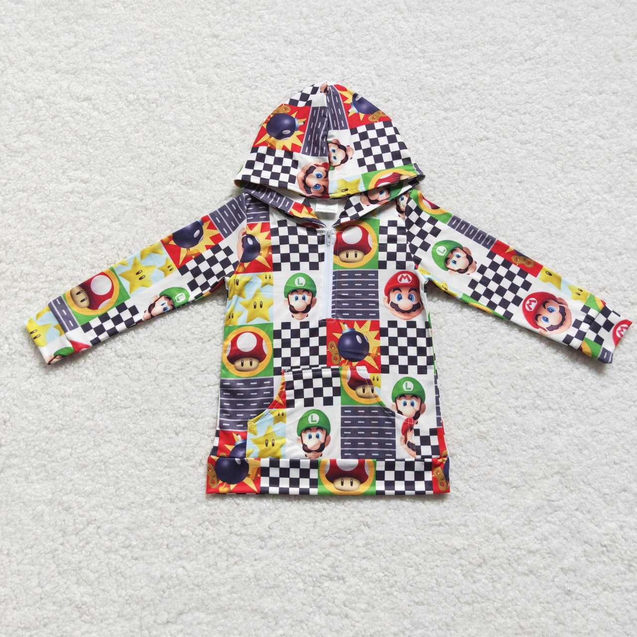 BT0311 Cartoon Mario black and white plaid zipper hooded long-sleeved top