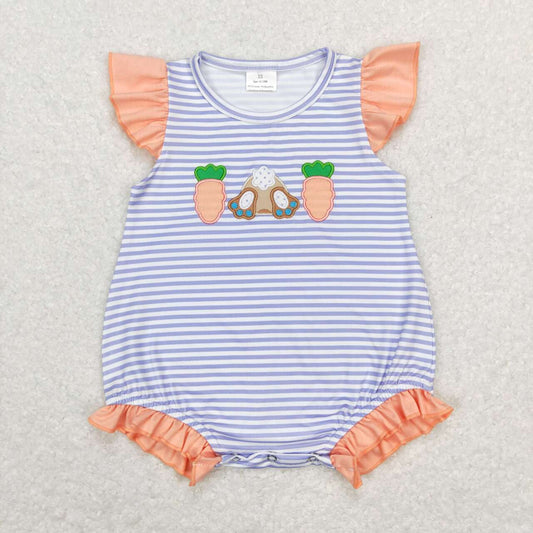 SR0533 Embroidery Orange Carrot Rabbit Blue and White Striped Lace Flying Sleeve Jumpsuit
