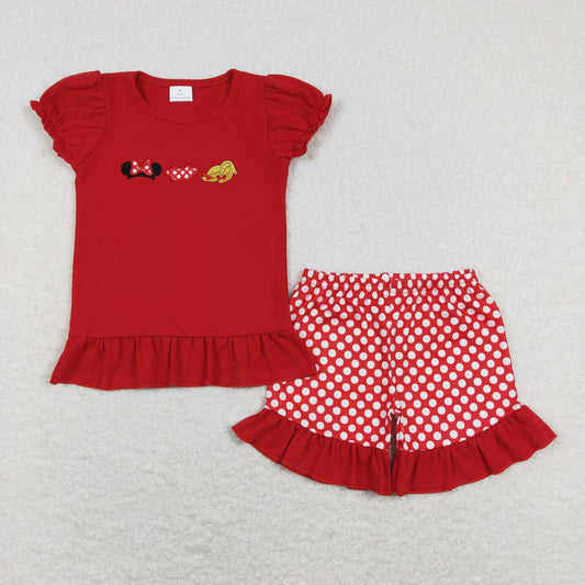 GSSO0450 Embroidery Mickey Bow Minnie Clothes Red Short Sleeve Plaid Shorts Suit