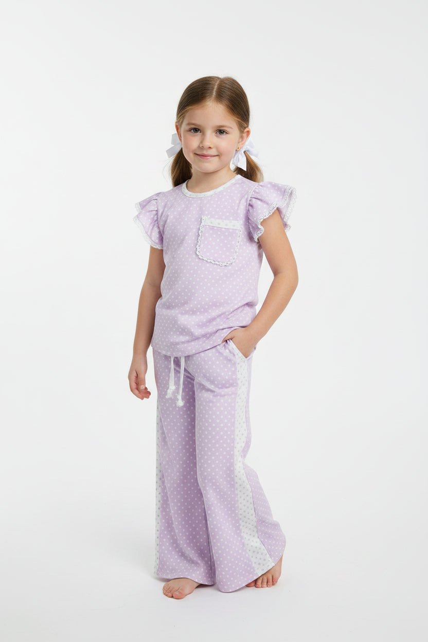 flutter sleeve purple white polk dots pants set