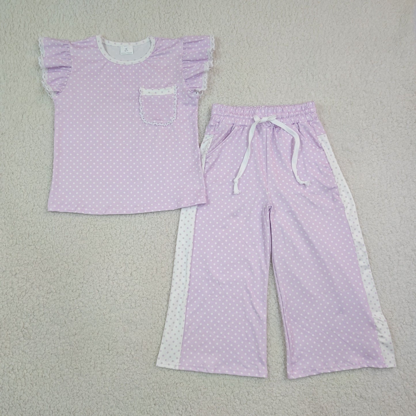 flutter sleeve purple white polk dots pants set