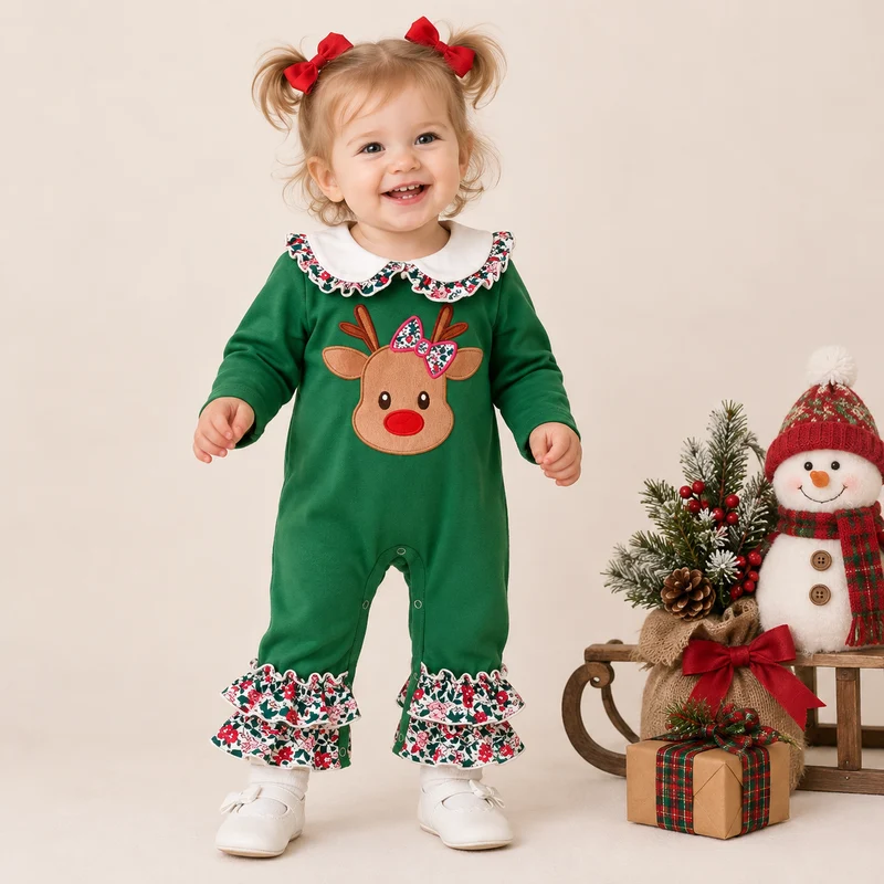 MOQ 5 one items TAT 7-8weeks 95%cotton 5%spandex reindeer girl clothing for Christmas
