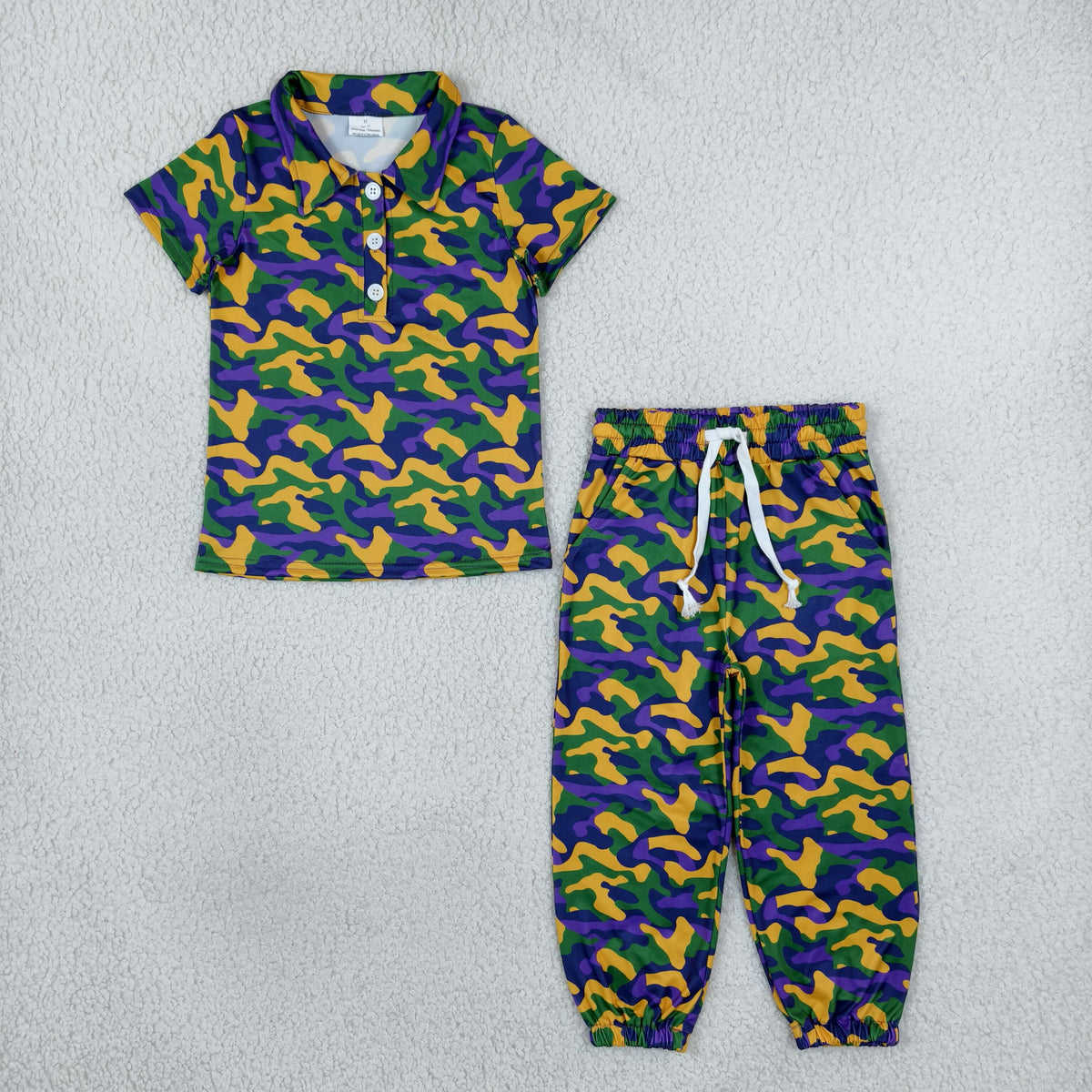 purple yellow green camo polo tee joggers set