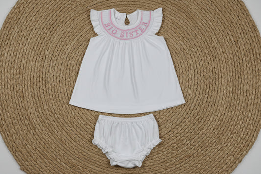 white smock baby sister embroidery bummie set
