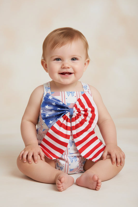 SR3862 4th of july flag stars stripes bow cross back bubble romper