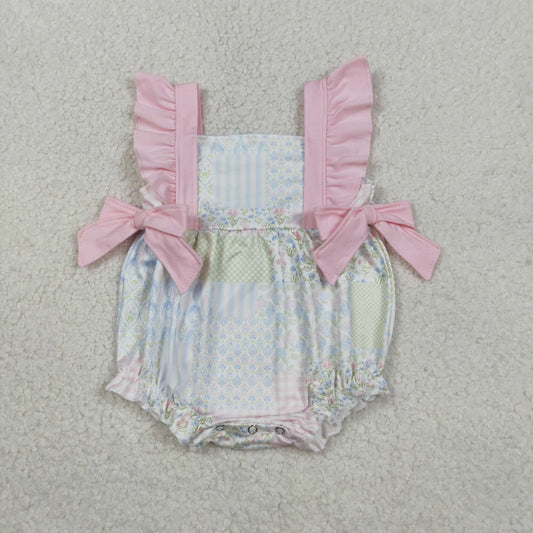 pink flutter sleeve flower patchwork bubble romper