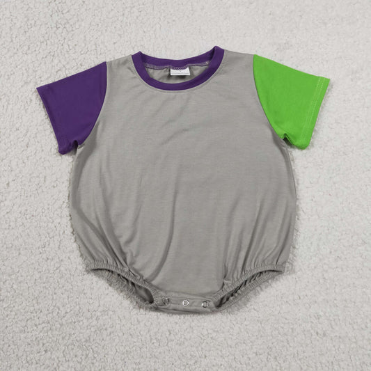 grey purple green contrast color bubble romper