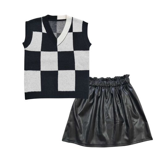 black and white plaid vest sweater +black leather skirt GT0187+GLK0013