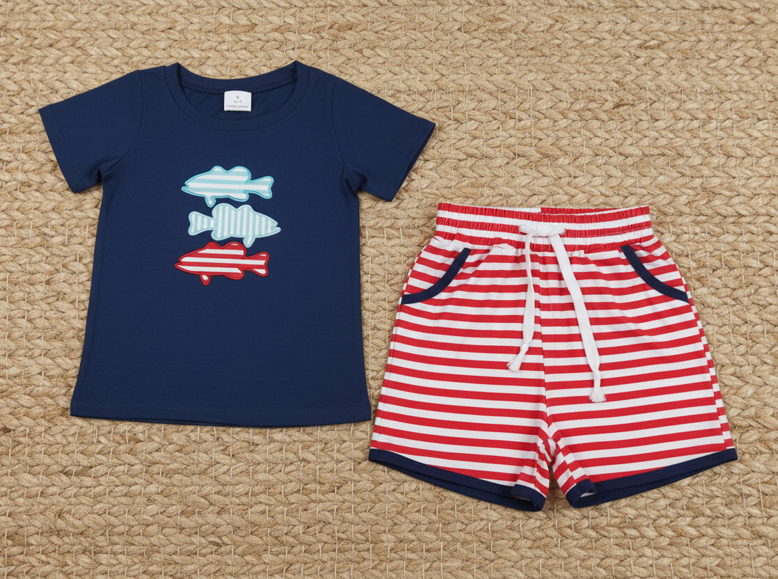 red white blue fish embroidery shorts set 4th of july boy clothes