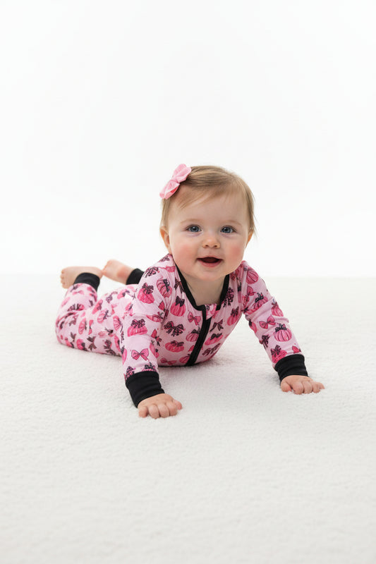 LR3069 long sleeve pink pumpkin bow zip romper fall baby clothing