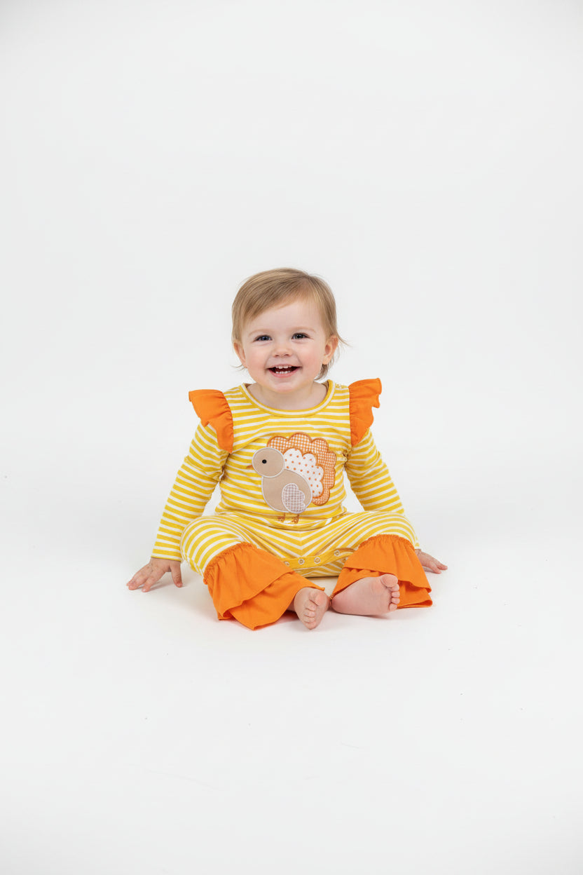 turkey embroidery ruffle striped romper