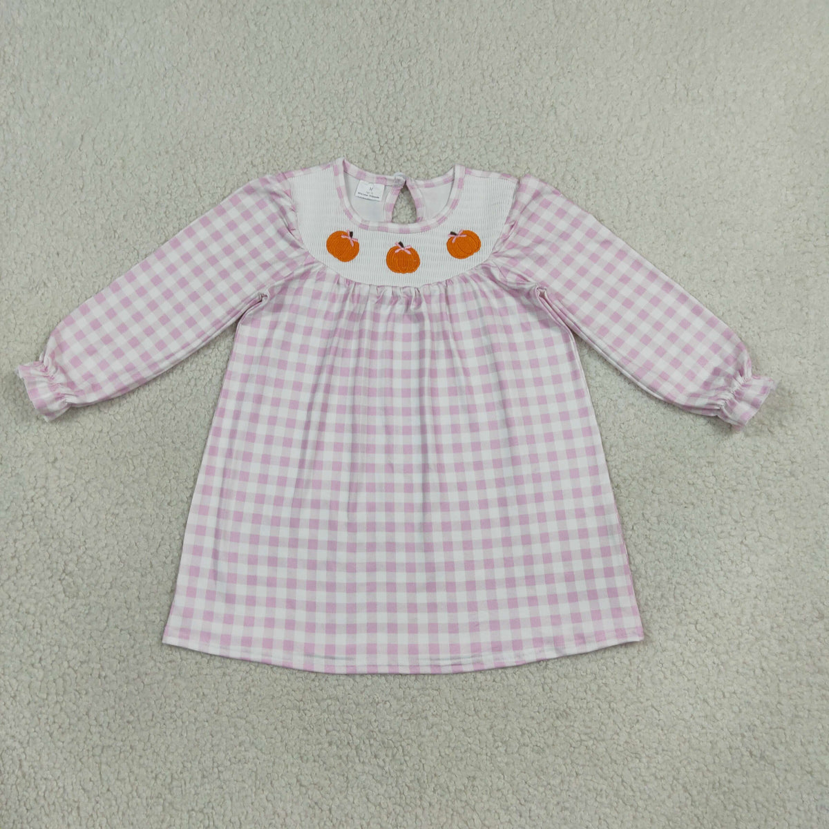 pink gingham embroidery pumpkin smock dress