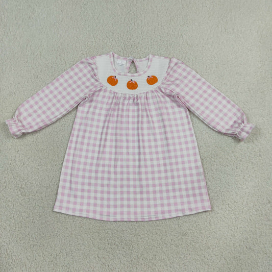 pink gingham embroidery pumpkin smock dress