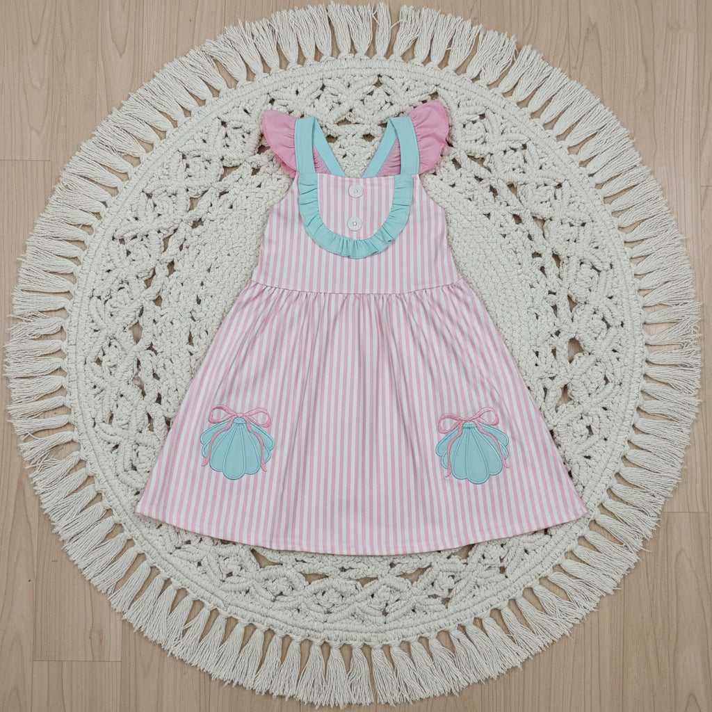 pink stripes strap shell embroidery dress