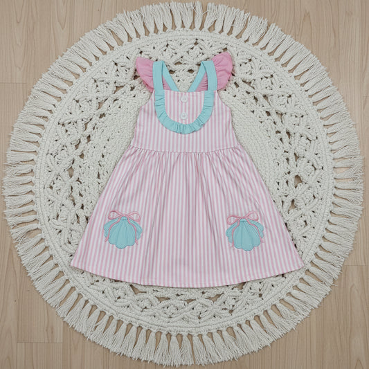 pink stripes strap shell embroidery dress