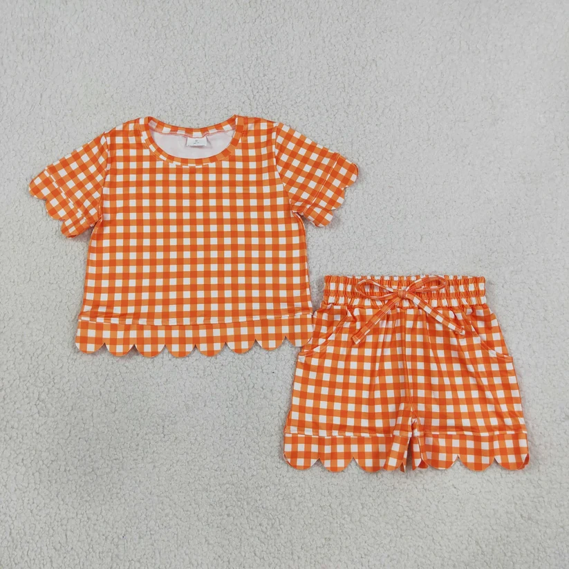 orange gingham scallop shorts set girl summer clothing