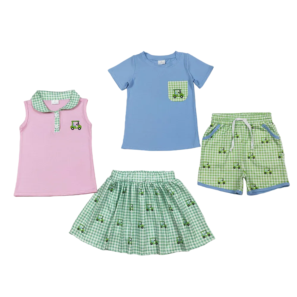 Sibling Embroidery Golf Girl Skirt Set Boy Shorts Set