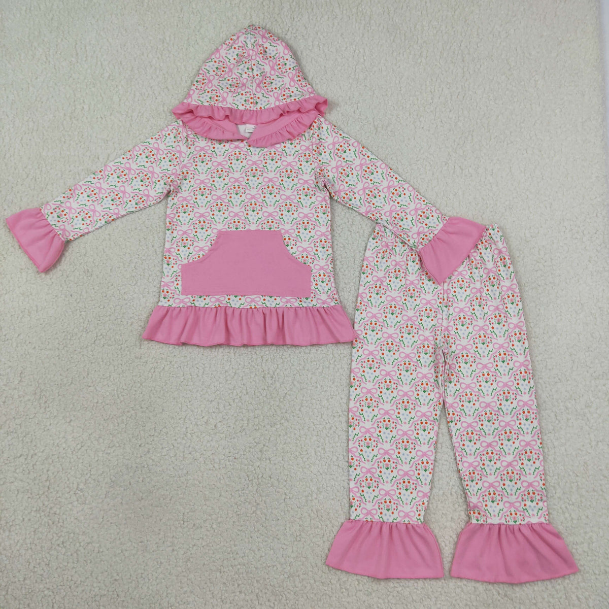 pink bow floral ruffle hoodie outfit girls clothing