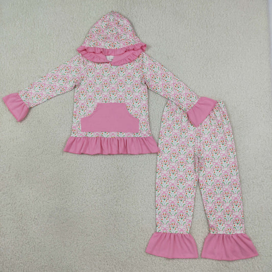 pink bow floral ruffle hoodie outfit girls clothing