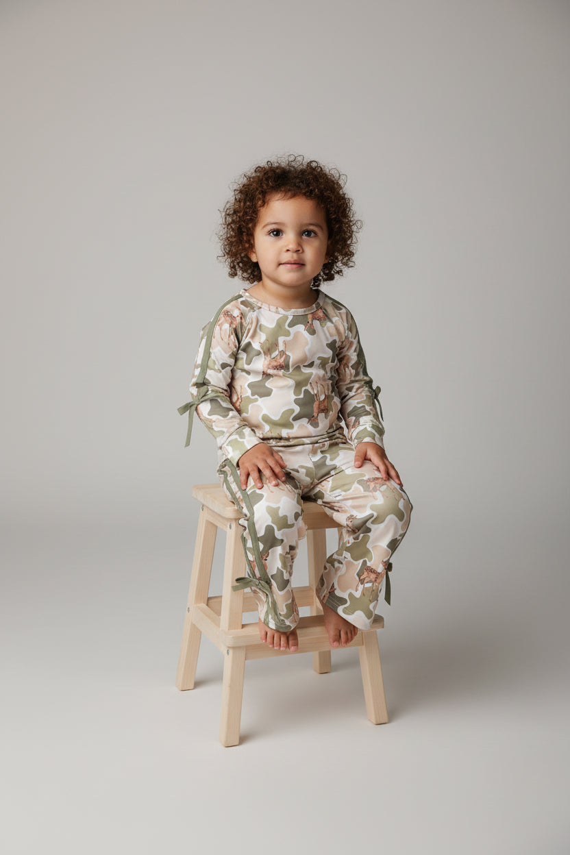 long sleeve camo deer print pants outfit
