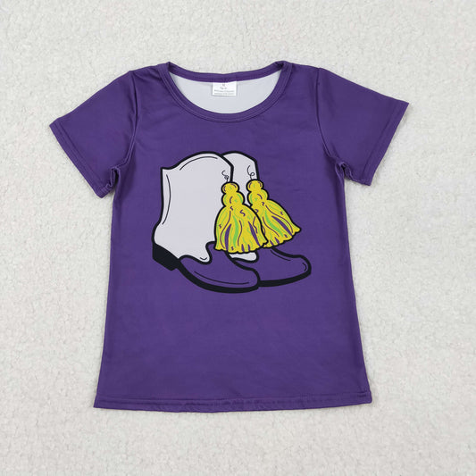 GT1254 Baby Girls Purple Short Sleeve Boots Tassel Mardigras Tee Shirts Top D 1030