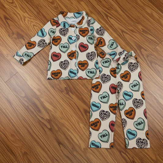 valentine's day heart candy button down pajama set boy