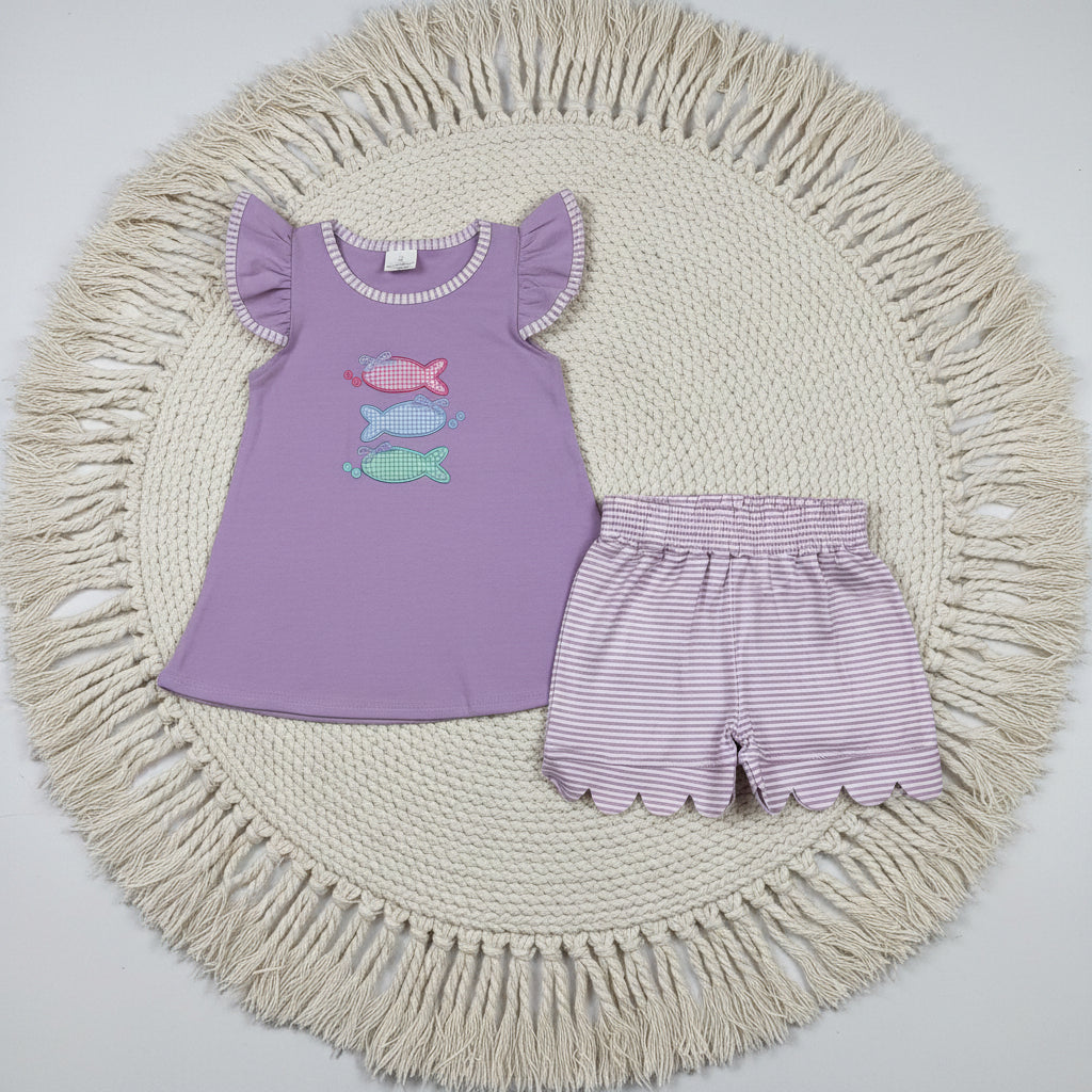 purple fish embroidery scallop shorts set girl clothing