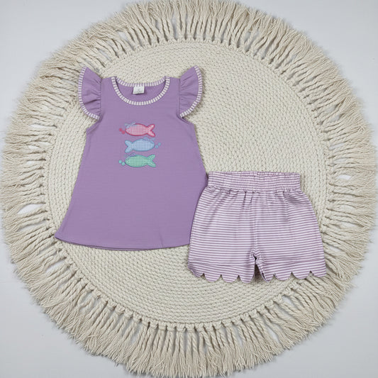 purple fish embroidery scallop shorts set girl clothing