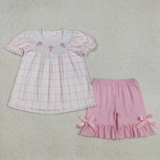 pink plaid easter cross embroidery shorts set