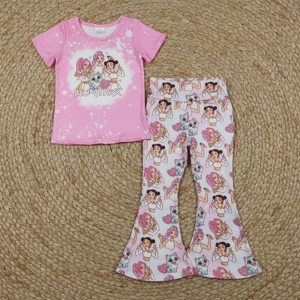 short sleeve kpop bell bottom pants set