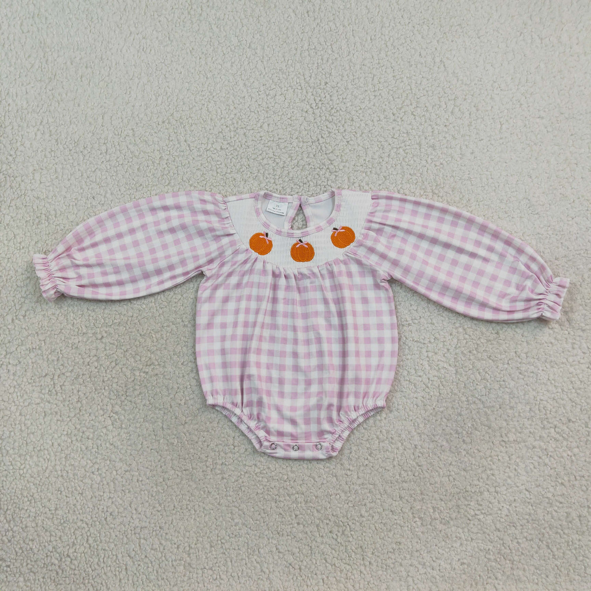 pink gingham pumpkin embroidery smock girl romper