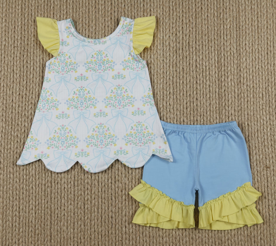 blue bow flower scallop shorts set summer clothing