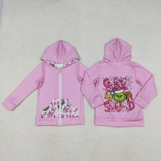 GT1142  Baby Girls Pink Christmas Green Faces Pocket Zipper Hoodies D1030