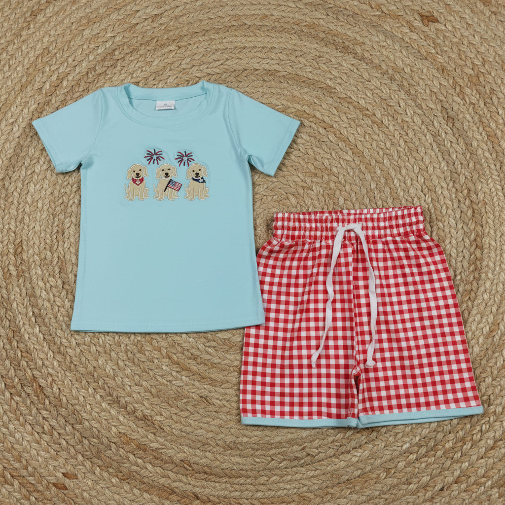 patriotic puppy dog embroidery shorts set 4th of july boy clothes