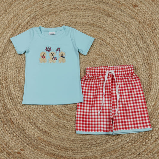 patriotic puppy dog embroidery shorts set 4th of july boy clothes