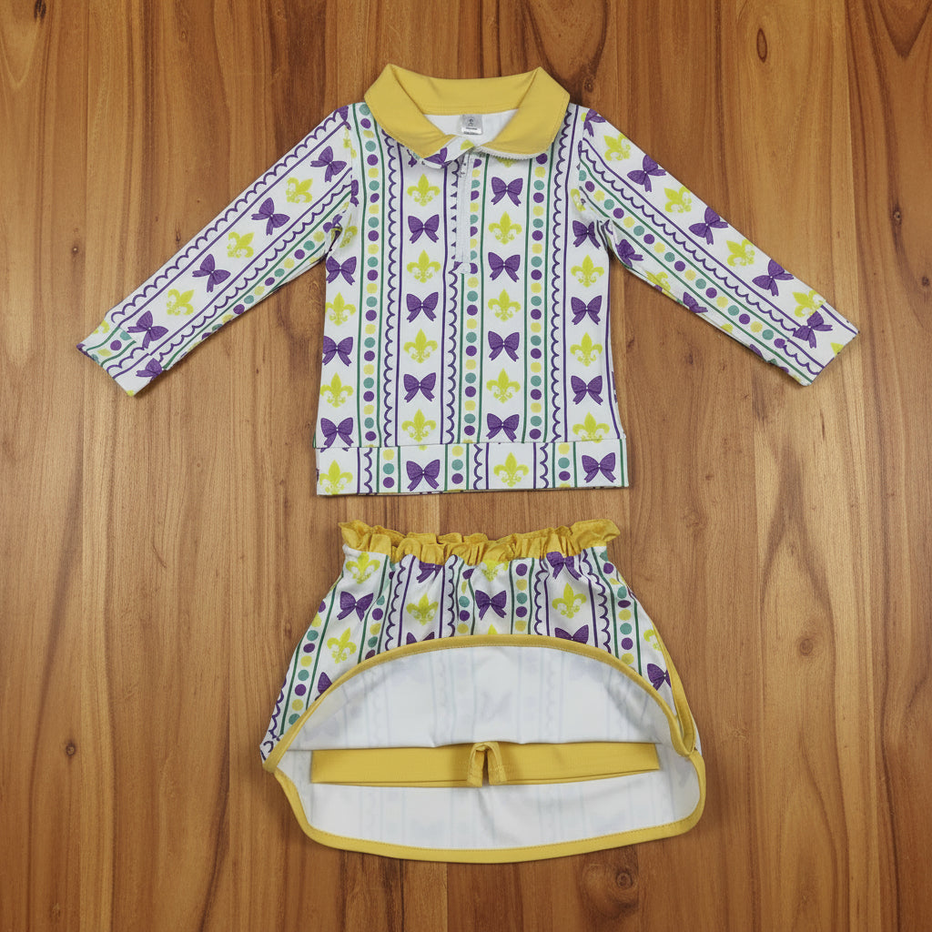 mardi gras bow saint athletic zip pullover skort set outfit
