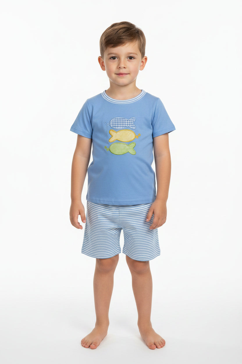 blue gingham small fish embroidery boy shorts set kids boys clothes