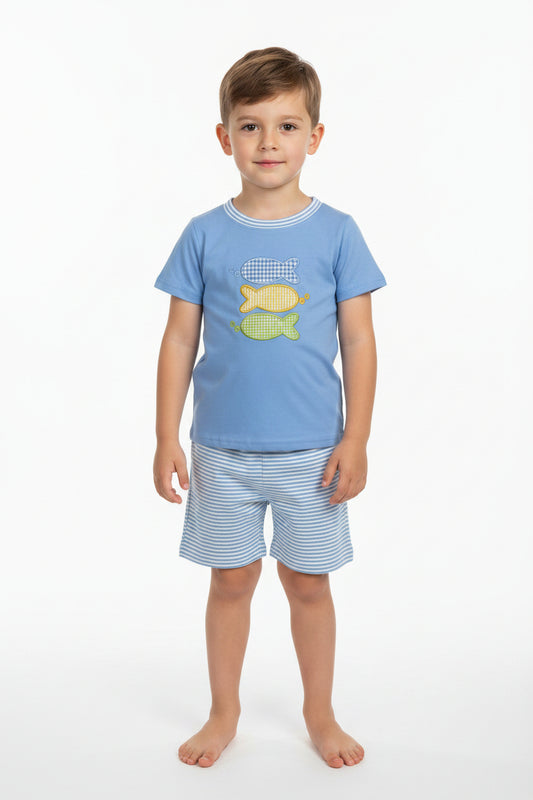 blue gingham small fish embroidery boy shorts set kids boys clothes