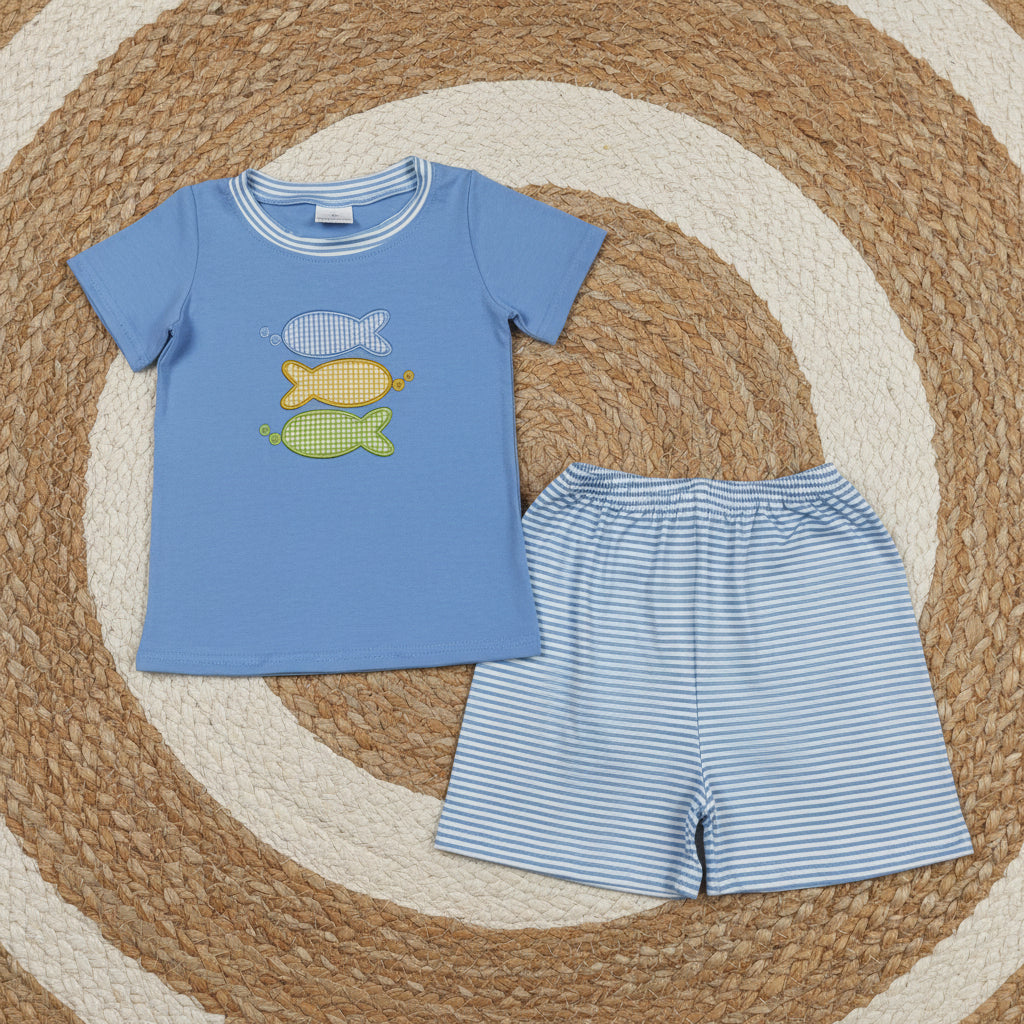 blue gingham small fish embroidery boy shorts set kids boys clothes
