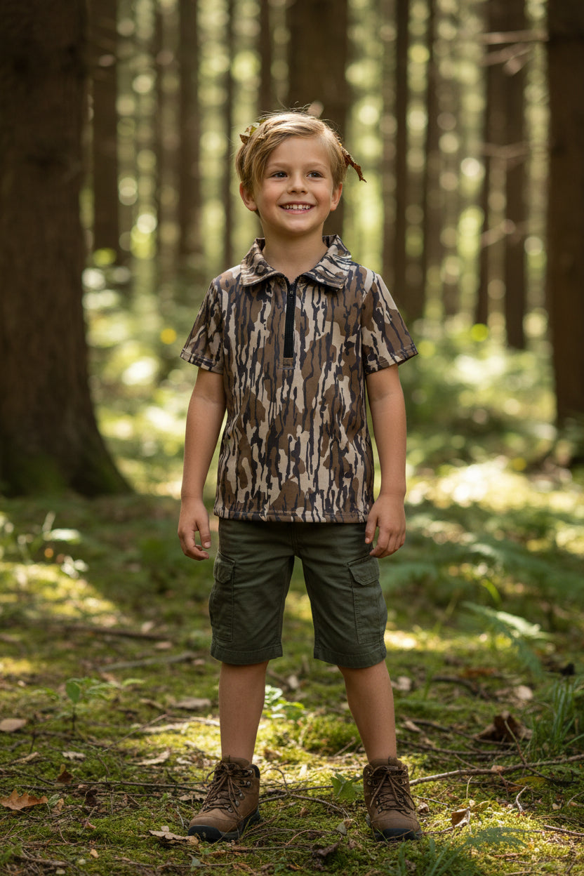 short sleeve camo zip up pullover baby boy top