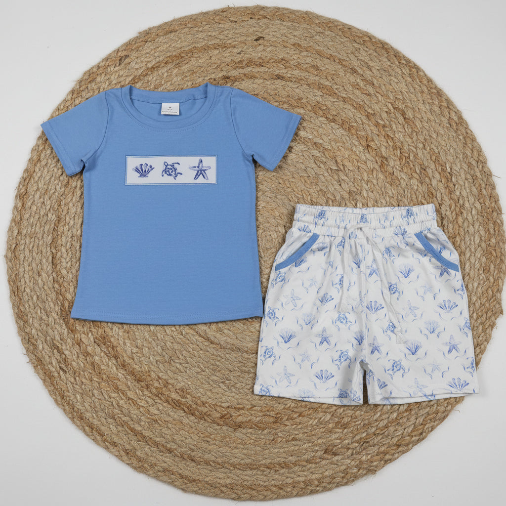 blue seashell starfish embroidery boy shorts set