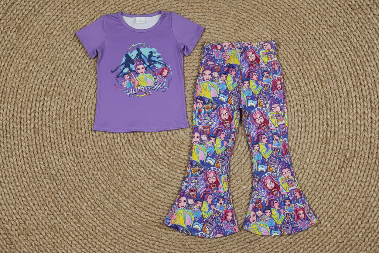 purple short sleeve kpop belle pants set