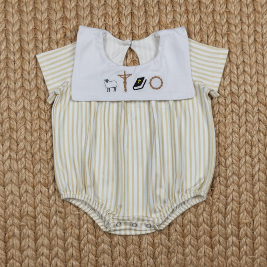 SR3802 embroidery gold stripes jesus shorts set boy bubble romper infant clothes