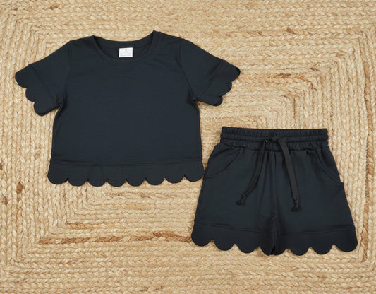 cotton black scallop shorts set