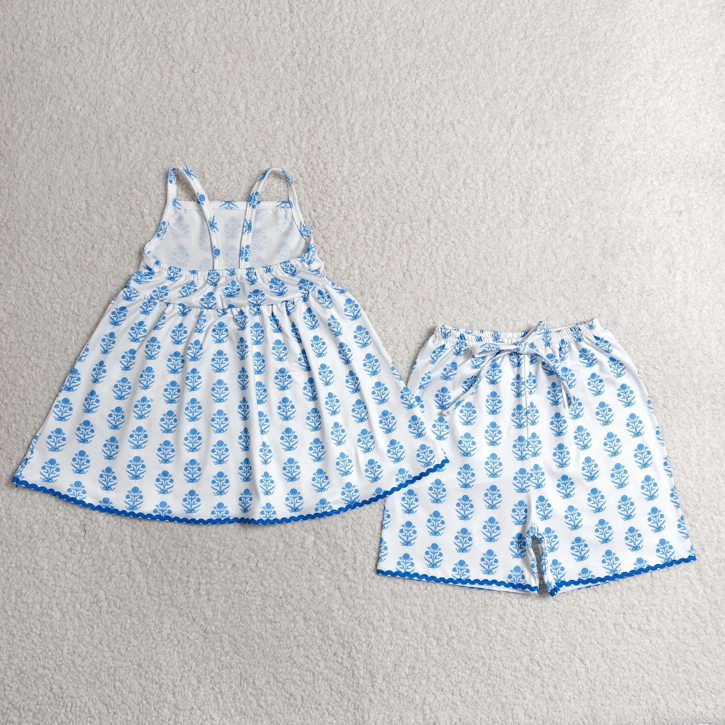 blue bow flower suspender shorts set