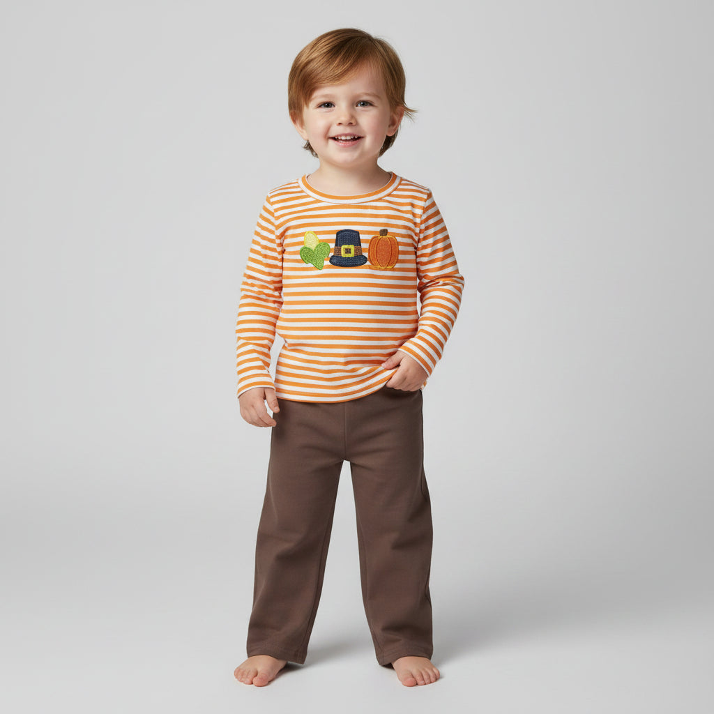 orange stripes long sleeve corn pumpkin embroidery pants set fall boy outfit