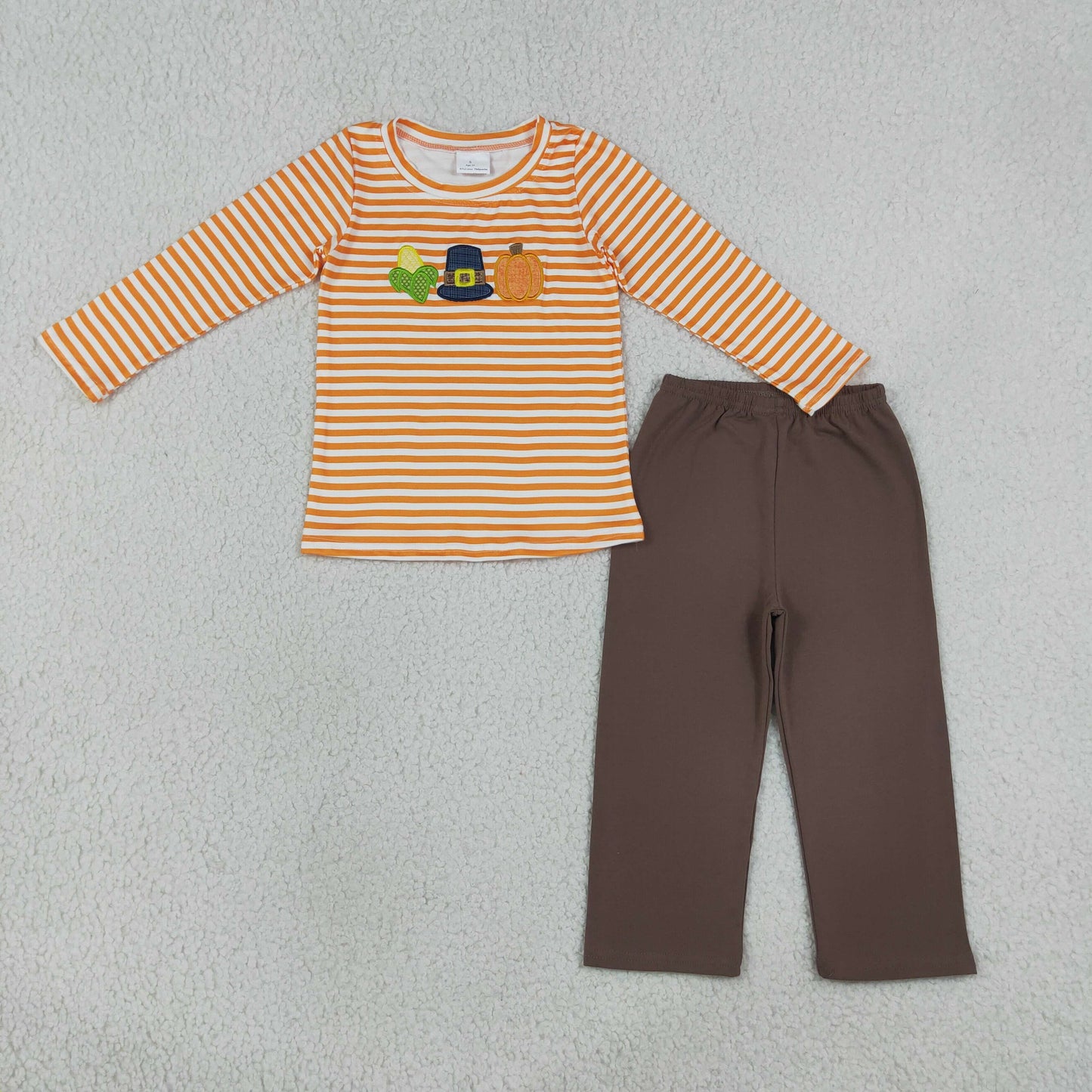 orange stripes long sleeve corn pumpkin embroidery pants set fall boy outfit